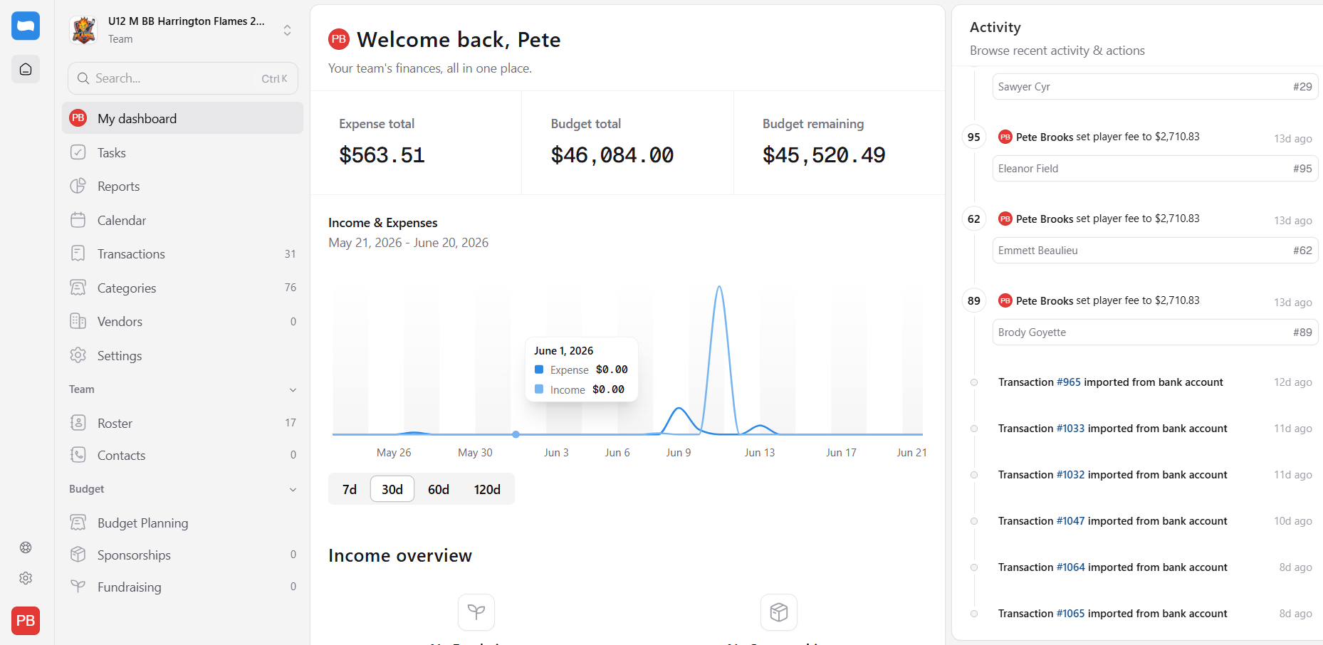 HuddleBooks hockey team budget software dashboard showing a team's expense total, budget total, budget remaining, and recent bank activity in one shared ledger